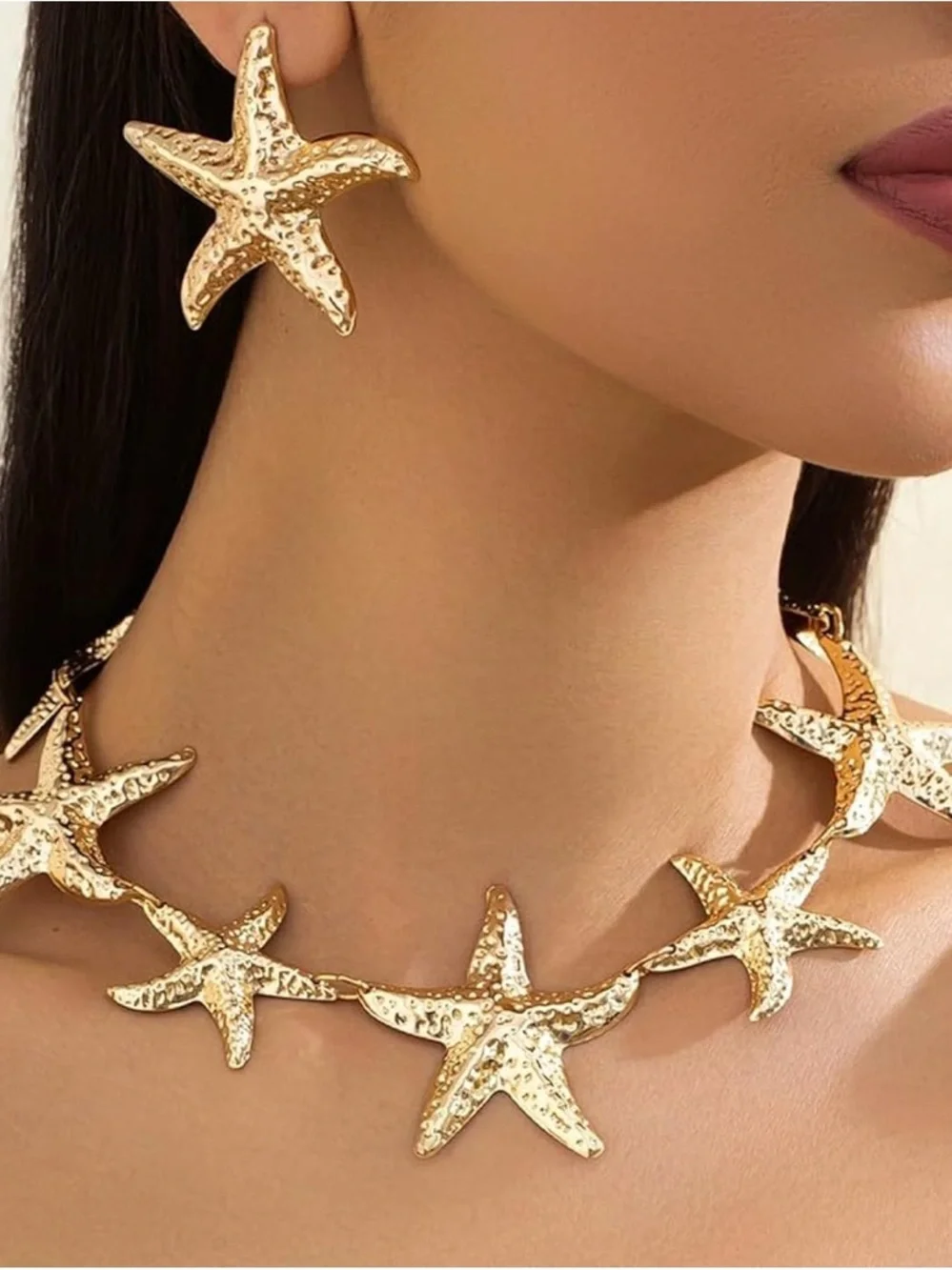 Gold Starfish Statement Necklace & Earrings Set